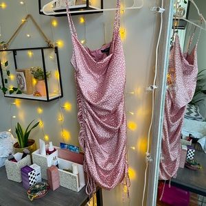 Pink Pattern Midi Satin Cinched Dress